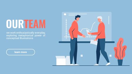 Vector colorful concept illustration of two people in the office discussing project sketches with infographics in background. It represents a concept of teamwork, data representation and creative cooperationのイラスト素材