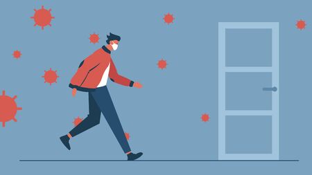Vector concept illustration of a man running to the door of the apartment through the air infected with a virus. It represents a concept of quarantine, isolation, coronavirus, risk of infectionのイラスト素材