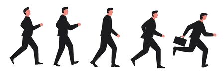 Set of businessman cartoon character running images. Vector illustrations of a businessman running and walking in a suit in different posesのイラスト素材