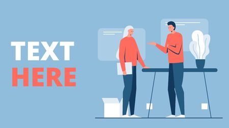 Vector colorful concept illustration of man and woman standing and talking in the office interior next to a table. It represents a concept of teamwork, conversation, project discussion and creative cooperationのイラスト素材