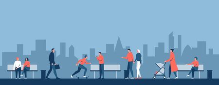 Vector colorful concept illustration of a city park with different people walking around. City alley with cozy and safe atmosphere. Man and woman sitting on the benches. Woman with a pram, young skateboarderのイラスト素材
