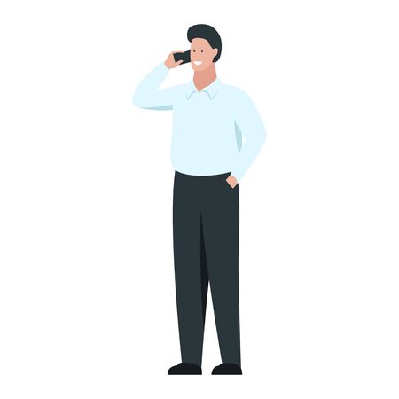 Vector colorful concept illustration of happy smiling man talking on the phone. Standing male character full length cartoon drawing. Man making a call and having a nice conversation on the mobile phoneのイラスト素材