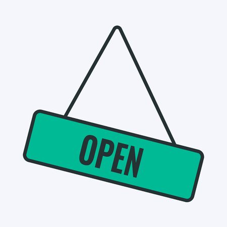 Colorful vector open signboard. Vector illustration of a hanging signboard with a word OPEN on it. Shopping door plateのイラスト素材