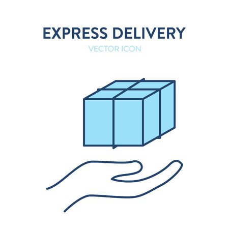 Delivery box icon. Vector colorul illustration of a palm carefully handing over a parcel box.のイラスト素材