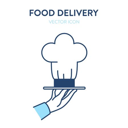 Toque icon. Vector concept illustration of chef hat served on a plate in waiters hand like a food. Represents a concept of serving food, eating in a restaurant, haute cuisine, chef and cook hatのイラスト素材