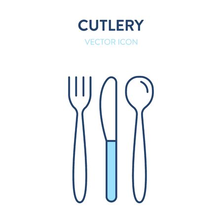 Cutlery icon. Set of vector simple outline illustrations of fork, knife and spoon in white background. Represents a concept of serving food, tableware, kitchen, restaurant or canteen symbolのイラスト素材
