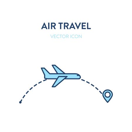 Air travel icon. Vector flat outline illustration of a flying plane followed by a dotted line trace to the destination point. Represents a concept of international flights, air travel, location symbolのイラスト素材