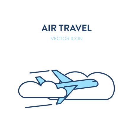 Flying plane icon. Vector flat outline illustration of an airliner flying through the clouds in the sky. Represents a concept of international flights, air travel, commercial flight, business tripのイラスト素材
