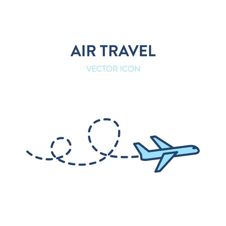 Flight icon. Vector flat outline illustration of a flying plane followed by a dotted line trace. Represents a concept of international flights, air travel, commercial flight, business tripのイラスト素材