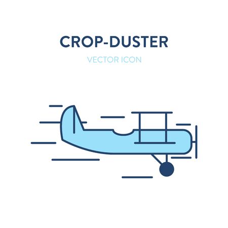 Crop duster plane icon. Vector flat outline illustration of a small plane, crop duster. Represents a concept of agricultural plane, crop-duster, short flight, propeller aircraft, flight trainingのイラスト素材