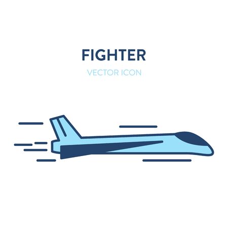 Fighter jet icon. Vector flat outline illustration of a small and fast military jet fighter flying. Represents a concept of modern aicraft, supersonic speed, reactive plane and military aviationのイラスト素材