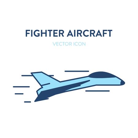 Fighter plane icon. Vector flat outline illustration of a small and fast military jet fighter flying. Represents a concept of modern aicraft, supersonic speed, reactive plane and military aviationのイラスト素材