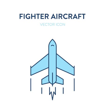 Fighter plane icon. Vector flat outline illustration of a small and fast military jet fighter flying. Represents a concept of modern aicraft, supersonic speed, reactive plane and military aviationのイラスト素材