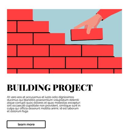 Interface card with image, headline and description. Vector colorful illustration of unfinished brick wall. Bright illustration of a red brick wall construction with a hand putting a brick along with the rest.のイラスト素材