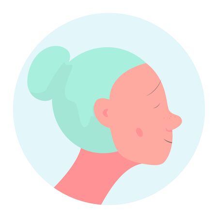 Half-face portrait of a beautiful emotional woman with her eyes closed. Concept vector colorful illustration with a freckled smiling face of wise senior ladyのイラスト素材