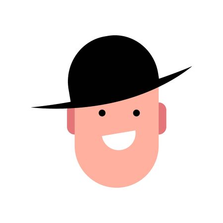 Vector colorful illustration of young smiling man in a brimmed hat. Portrait of handsome cheerful boy. Avatar, profile, ID picture of a young person. Human head illustration wearing traditional hatのイラスト素材