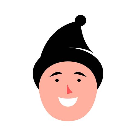 Vector colorful illustration of young smiling man in a winter hat. Portrait of handsome cheerful boy. Avatar, profile, ID picture of a young person. Human head illustration wearing hat with ear flapsのイラスト素材