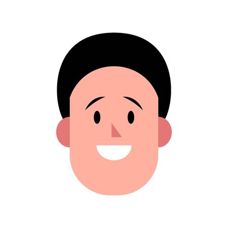 Vector colorful illustration of young smiling man. Portrait of handsome cheerful male face. Avatar, profile, ID picture of a young person. Human head illustration with round hairstyleのイラスト素材
