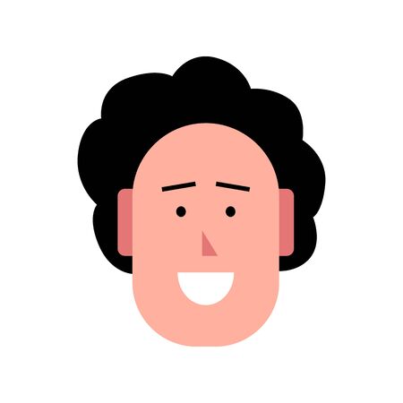 Vector colorful illustration of young smiling man. Portrait of handsome cheerful male face. Avatar, profile, ID picture of a young person. Human head illustration with curly hairstyleのイラスト素材