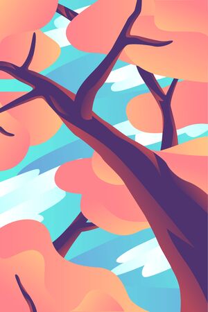 Vector abstract colorful illustration of an autumn tree with branches and yellow leaves. Cozy postcard or cover background. Beautiful modern postcard background with soft colorsのイラスト素材