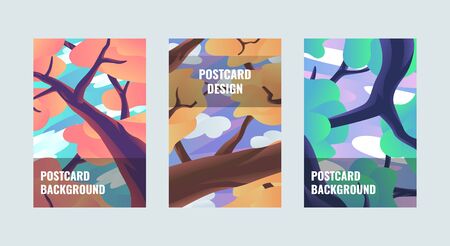 Set of 3 vector nature colorful postcard backgrounds. Mockup for postcard with illustrations of a seasonal tree with branches and leaves. Beautiful modern postcard backgrounds with soft and warm colorsのイラスト素材