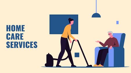 Vector concept colorful illustration of a home care nurse vacuuming the room and an elderly man sitting in chair. It represents a concept of home care, help for the elderly people, house cleaning assistanceのイラスト素材