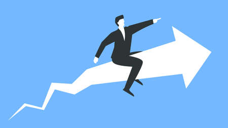 Vector colorful illustration of a successful businessman sitting on top of big arrow and moving forward representing growth and success. Concept image of a confident man in a suit pointing forward.のイラスト素材