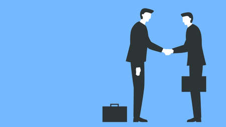 Vector colorful illustration of a two people meeting and shaking hands. Two businessmen in suits and with briefcases handshake on a business meeting. Represents concept of trust, making a deal, bargain, tradeのイラスト素材