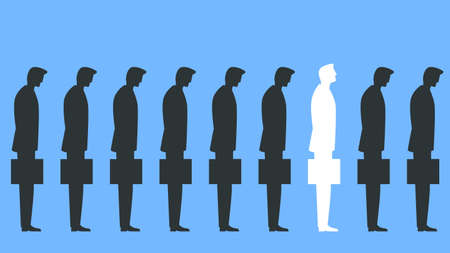 Vector colorful illustration of a group of businessmen standing with briefcases and one stands out...