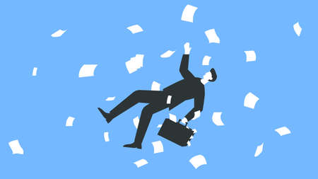 Vector colorful illustration of a businessman in a suit and with a briefcase falling with a paper flying all around. Man in a suit and paper documents drop out of his briefcase and scatter aroundのイラスト素材