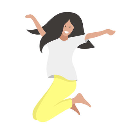 Young beautiful girl jumping with smile flat vector colorful illustration. Girl having fun, dancing and jumping with hands up in the air. Happy smiling stylish dark-haired girl jump in the airのイラスト素材