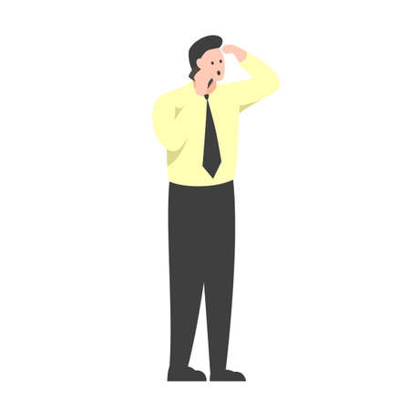 Vector colorful illustration of an office worker standing and talking on the phone. Man in a yellow shirt and tie talking on the phone with surprised face and hand near the head. Man receiving unexpected newsのイラスト素材