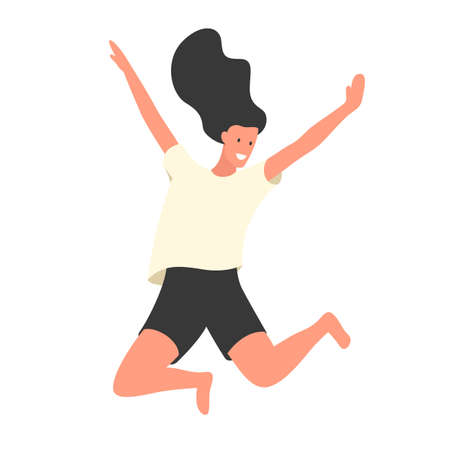 Young beautiful girl jumping with smile flat vector colorful illustration. Girl having fun and dancing at the party and jumping with hands up in the air. Happy smiling stylish dark-haired girl jump in the airのイラスト素材
