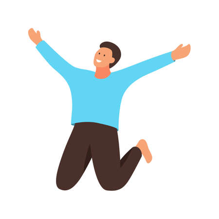 Happy young beautiful man jumping flat vector colorful illustration. Man having fun, dancing and jumping with hands up in the air. Happy smiling stylish boy performing dance and jump in the airのイラスト素材