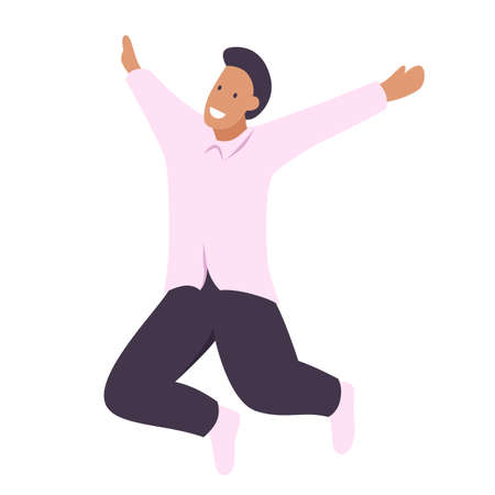 Happy young beautiful man jumping flat vector colorful illustration. Man having fun, dancing and jumping with hands up in the air. Happy smiling stylish boy performing dance and jump in the airのイラスト素材