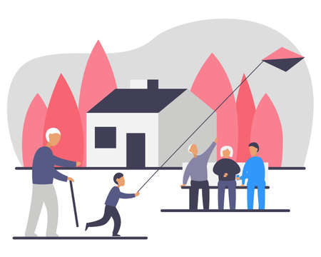 Nursing home outdoor activity vector colorful illustration. Group of elderly people walking around and sitting on the bench and a nurse helping them with building in the background. Nursing homes concept imageのイラスト素材
