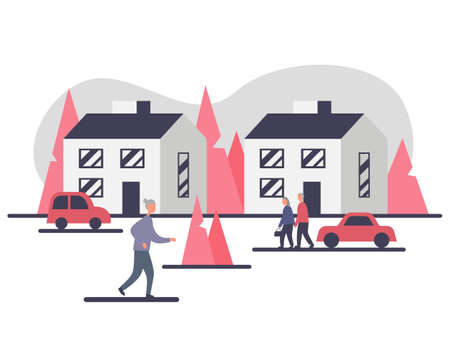 Independent living of senior people concept vector colorful illustration. Exterior of two houses and cars and outdoor activities of elderly people. Elderly woman jogging along a track and senior couple walkingのイラスト素材