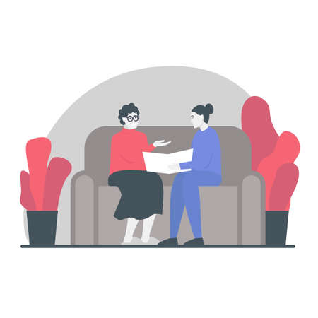 Female nurse talking to an elderly woman. Assisted living concept vector illustration. Female nurse in a cozy interior sitting on a couch and having a conversation with senior womanのイラスト素材