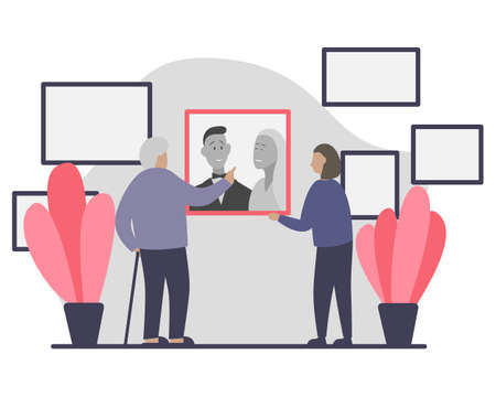 Elderly man and young woman looking at an old wedding photo on the wall. Flat vector illustration of a senior man with a walking cane recalling the past and sharing life memories in a cozy interiorのイラスト素材
