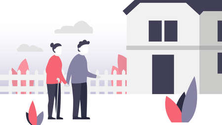 Senior couple walking to the house. Beautiful cozy home and elderly man and woman holding hands on the front lawn. Flat vector illustration of a residential house building exterior with plantsのイラスト素材