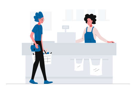 Girl with a shopping cart coming to the checkout in the supermarket. Smiling cashier waiting for the buyer in a supermarket. Vector concept illustration of self-service store interior with customerのイラスト素材