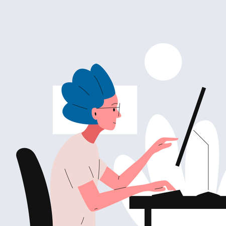 Girl working at the computer in a cozy room. Flat vector illustration of a beautiful female designer in glasses working at the table. Represents concept of work from home, creative occupation, artistsのイラスト素材