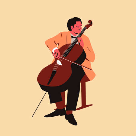 Male musician playing cello. Flat vector illustration of a man performing solo on stage playing a melody on a cello. Professional musician with a violoncello dressed in retro styleのイラスト素材