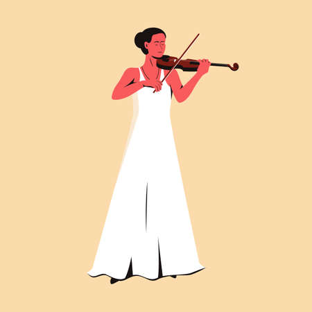 Beautiful female musician in long white dress playing violin. Flat vector illustration of a woman performing solo on stage passionately playing melody on a violin. Professional musician with a violinのイラスト素材