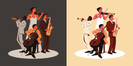 Multiracial music band performing on a stage. Vector illustration of four musicians with trumpet, violin, saxophone and cello musical instruments playing on a stage. Group of women and three menのイラスト素材