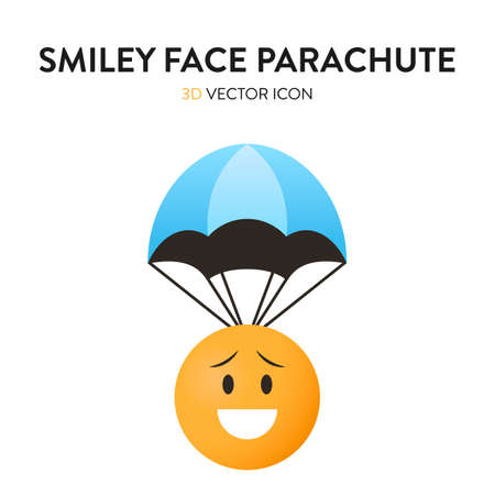 3d smiley face icon and parachute overhead. Vector illustration of a smiley face tied to a parachute with trendy and bright color gragient. Emoticon smile signのイラスト素材