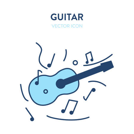 Guitar vector icon. Guitar colorful illustration with musical notes around it. Vector icon of musical instrument guitarのイラスト素材
