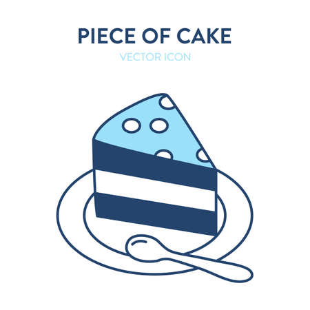 Slice of cake icon. Vector illustration of a piece of cake on a small plate with a spoon. Dessert at a party on a disposable plateのイラスト素材