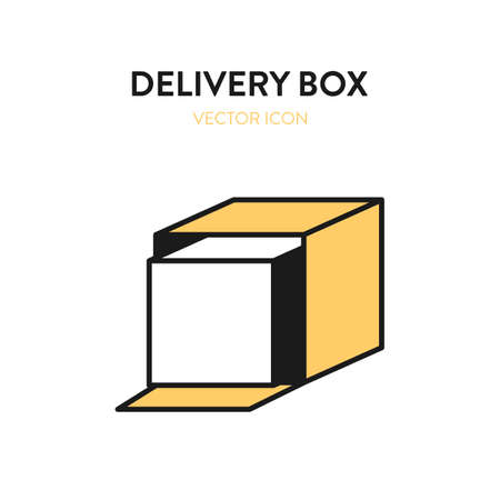 Delivery box isometric icon. Vector illustration of open delivery box with merchandise item inside. Postal parcel cardboard package yellow vector isometric iconのイラスト素材