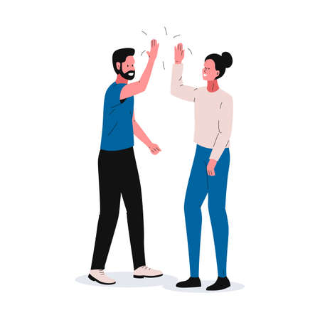 Man and woman high fiving and smiling. Vector illustration of young bearded man and attractive girl...